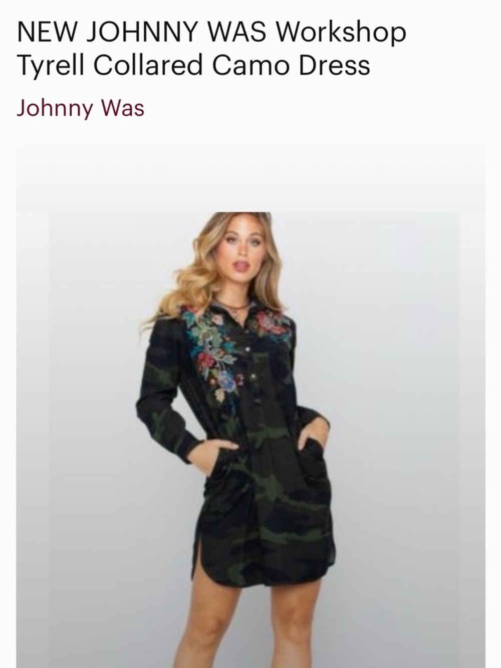 Johnny Was Dark Green corduroy Camo Button-Down Shirt dress w Floral Embroidery - Picture 7 of 7